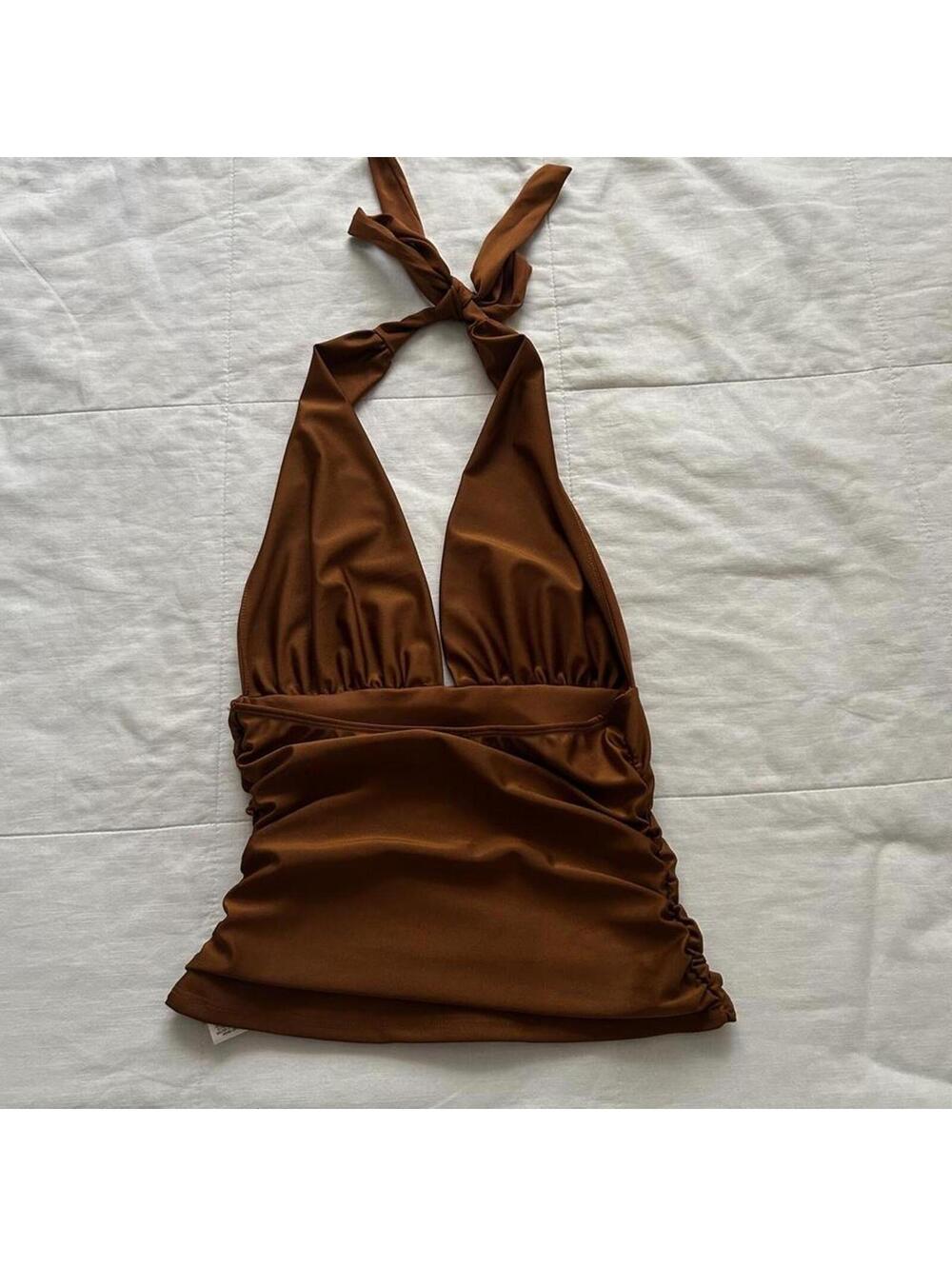 Orange Brown ruched halter neck top with tie detail Size medium - Picture 4 of 6